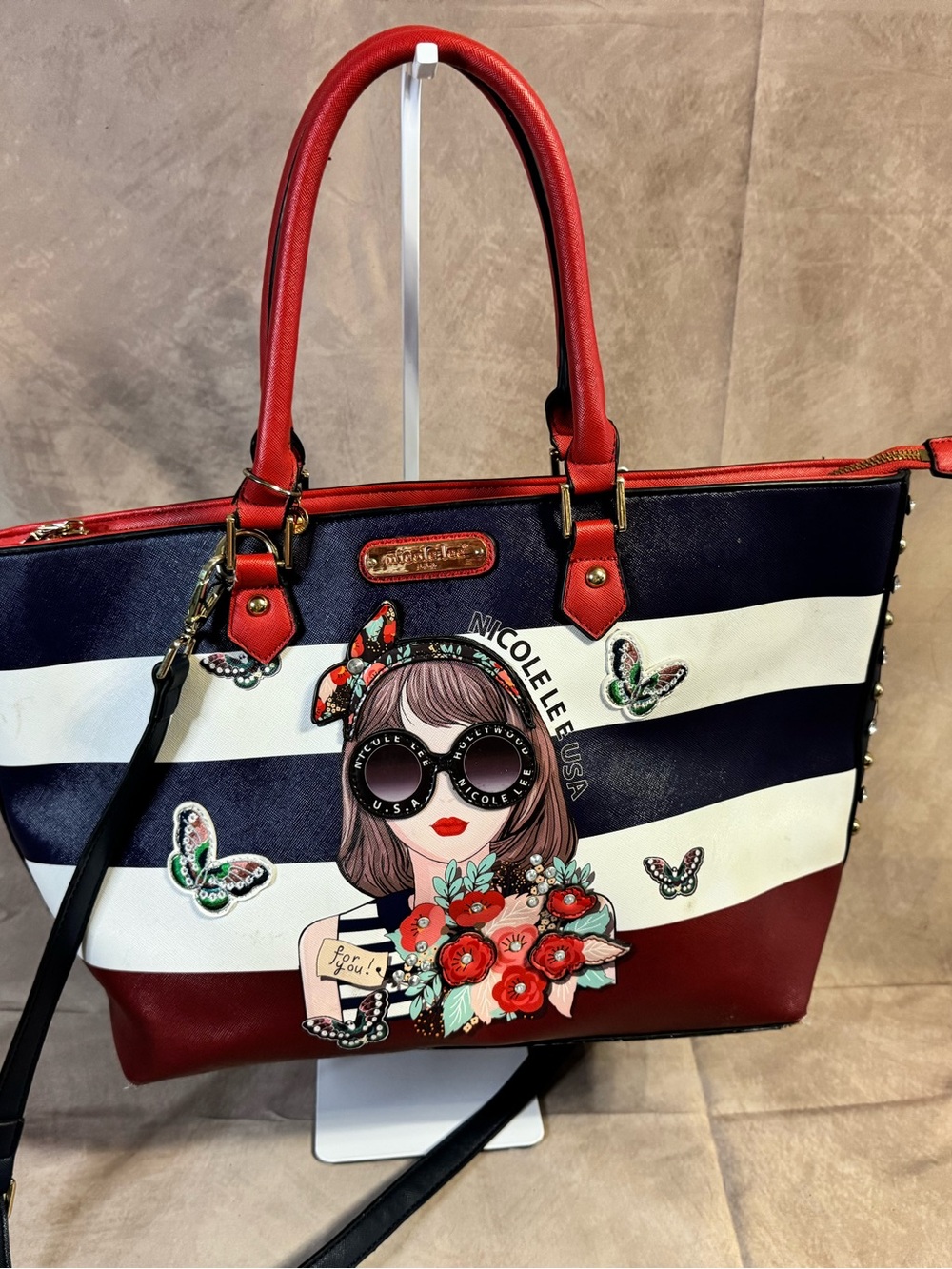 Nicole Lee Red Navy White Striped Graphic Tote